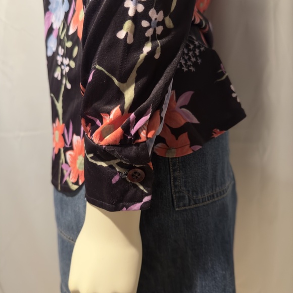70s Black Floral Blouse Peony Clematis Birds Fun Vintage Made in USA Sz Small - Picture 5 of 8
